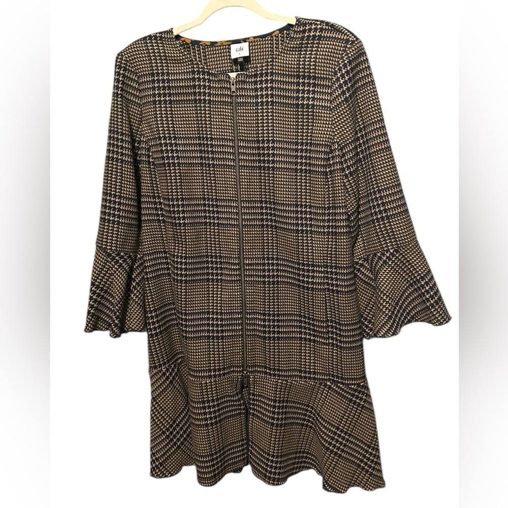 Cabi Cabi Brown black Plaid 2 Way Zip Peplum Hem Flounce Top Jacket Size L